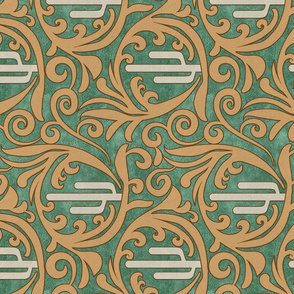 Wild West- Saguaro Tooled Leather Pattern- Isabelline Wheat Verdigris Leather Texture- Regular Scale- Rotated