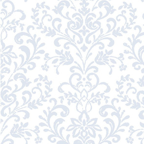 French Provence- Vintage- Damask Rococo- Jacquard- Velvet textures- Old-fashion- Imperial Palace - Sophistication- Elegance- Wood block print- Floral Toile- Classical pattern- Romantic Wallpaper- light BLUE- White- negative