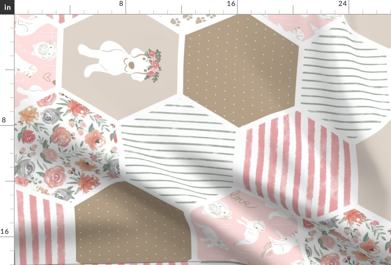 1.25yd "Dog Love" Panel (5yds = 4 blankets) With cut lines - Hexagon faux patchwork, quilt or blanket panel