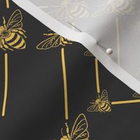 Buzzing Honey Bees | Medium Scale | Vintage 1920s art deco style with gold lines and golden textured bees on a black background