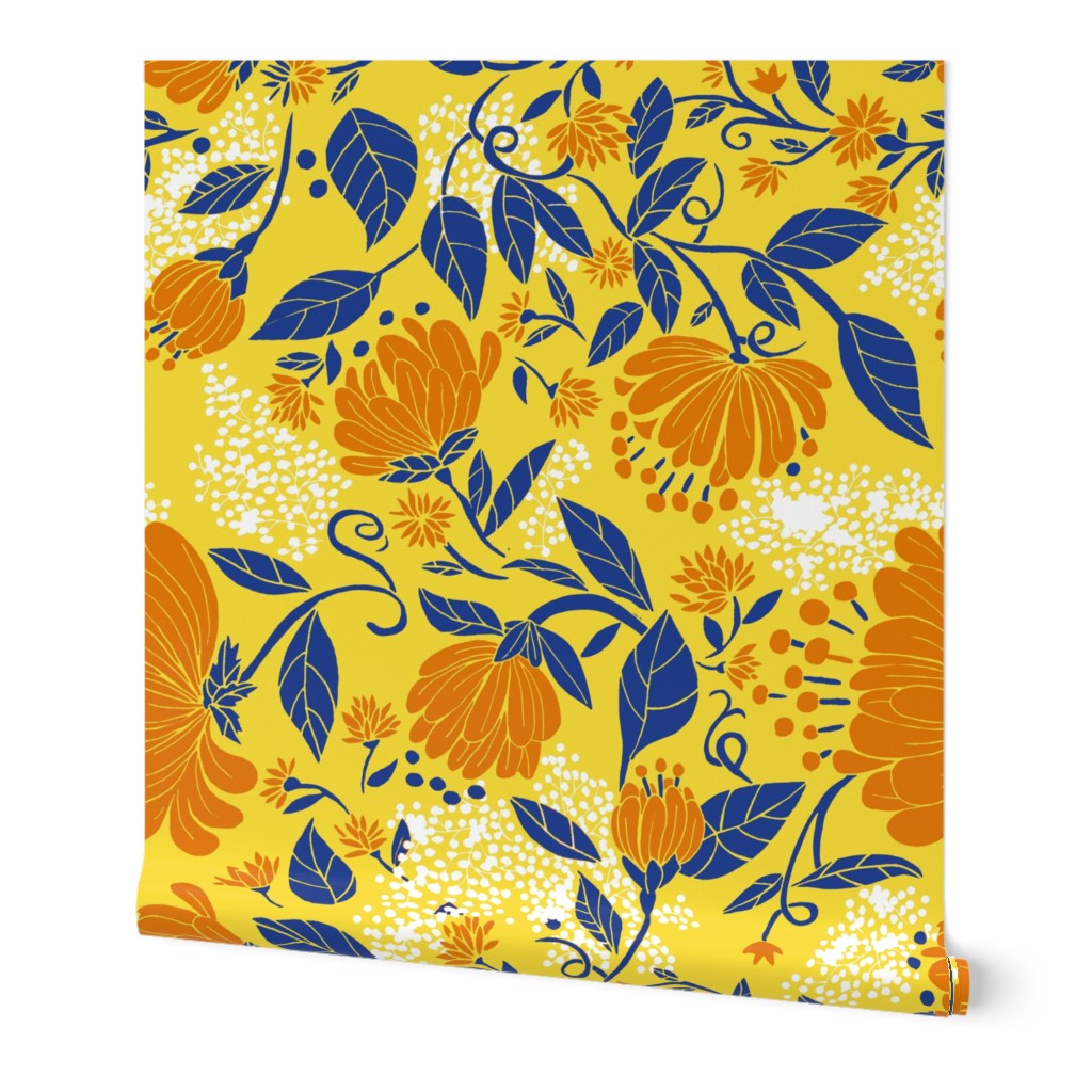 Sunny NOuveau Chntz-Blue flowers on yellow and berries