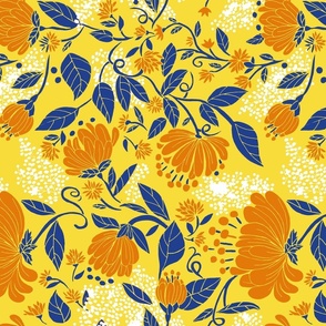 Sunny NOuveau Chntz-Blue flowers on yellow and berries