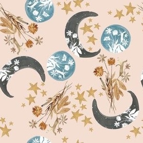 celestial moons and floral autumn on pink