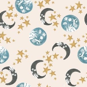 celestial moons and floral on creme