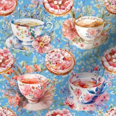 SAKURA PASTRIES FLORAL TEA CUP SPRING SUMMER SKY BLUE FLWRHT