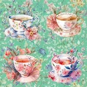 Vintage Tea Cups Fabric, Wallpaper and Home Decor