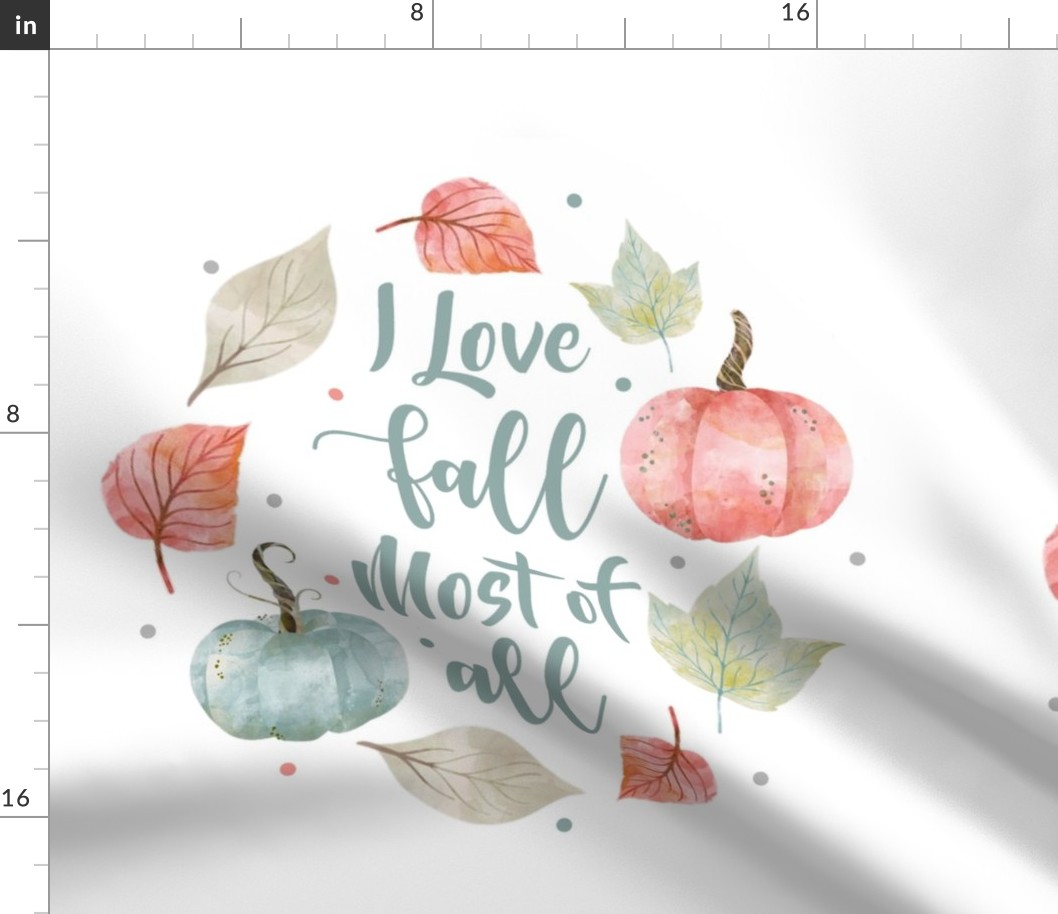 18x18 Panel I Love Fall Most of All Farmhouse Pumpkins and Leaves on White for DIY Throw Pillow Cushion Cover or Tote Bag