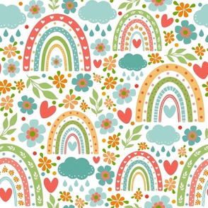 Large Scale Sun Showers and Rainbows Nursery Floral on White