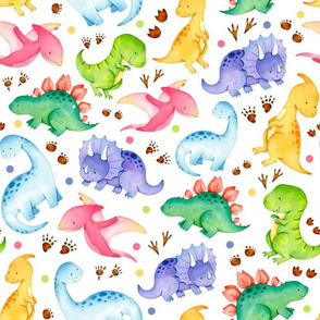 Bigger Scale Watercolor Dinosaurs Dinos on White