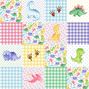 Patchwork 6" Square Cheater Quilt Watercolor Dinosaurs and Gingham Baby Nursery