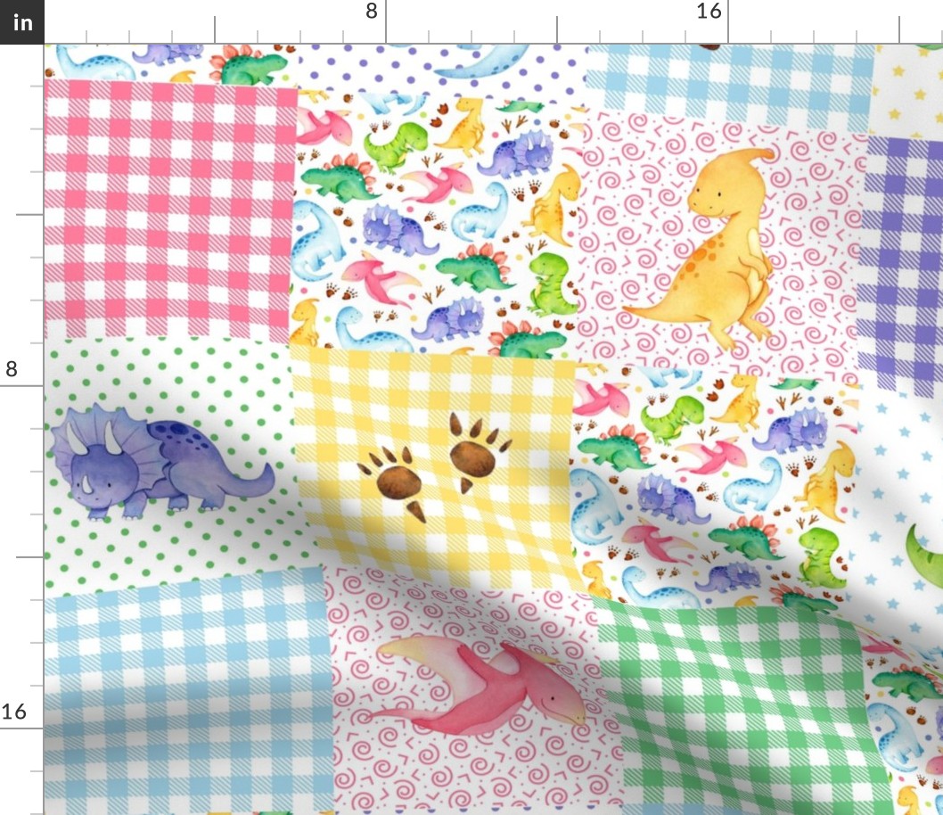 Patchwork 6" Square Cheater Quilt Watercolor Dinosaurs and Gingham Baby Nursery