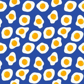 Baked Egg Pattern, Sunny Side Up Eggs, Simple Breakfast Pattern, Blue Background, Kitchen Decor