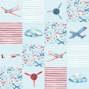 Smaller Patchwork 3" Squares Soaring Airplanes on Light Blue