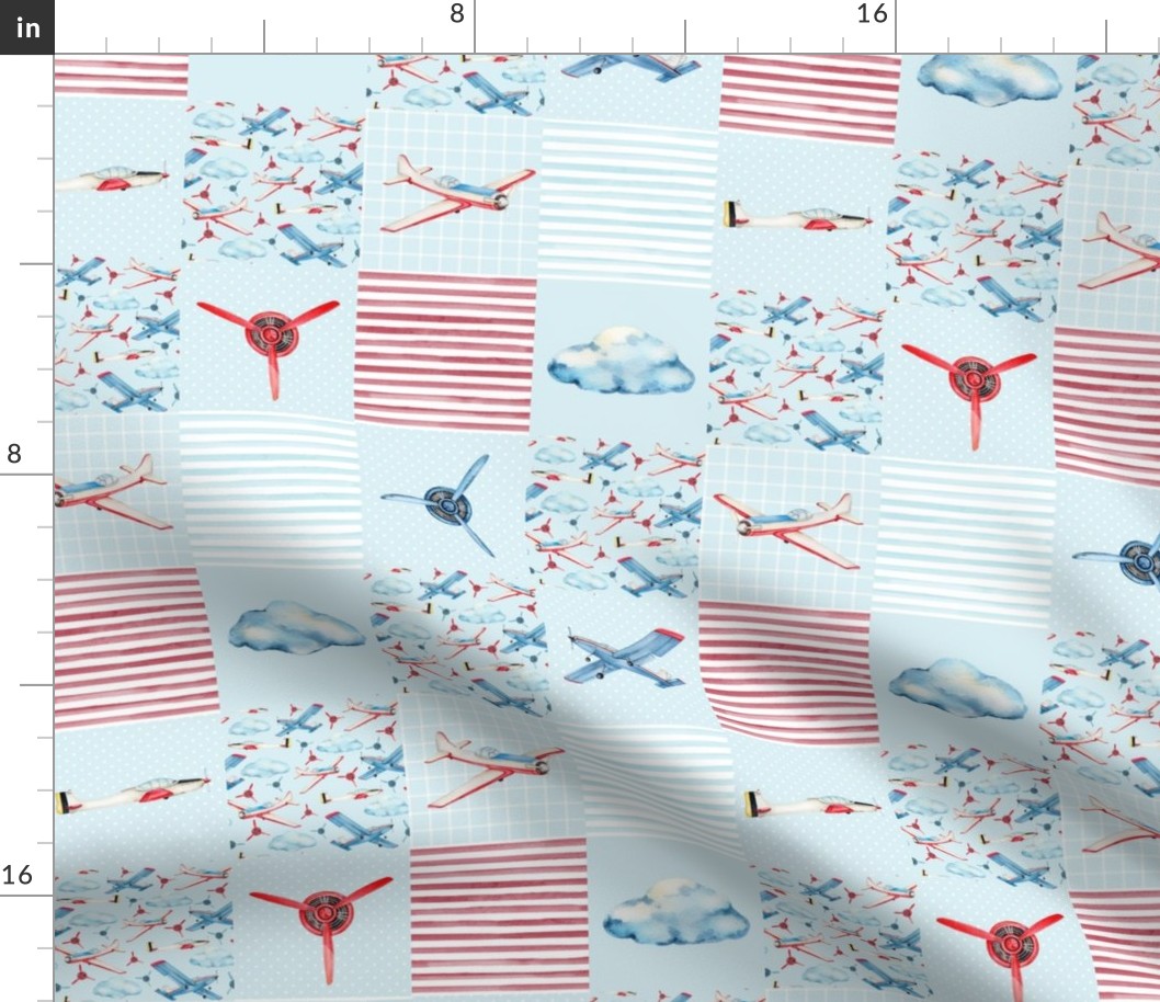 Smaller Patchwork 3" Squares Soaring Airplanes on Light Blue