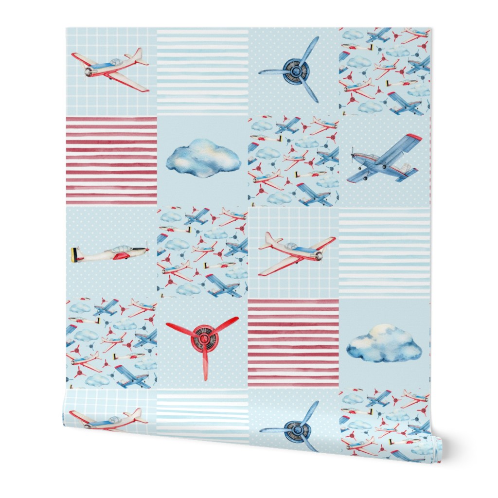 Bigger Patchwork 6" Squares Soaring Airplanes on Light Blue