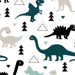 Adorable dino boys fabric with black teal and blue dinosaur geometric triangles and funky animal illustration theme for kids 