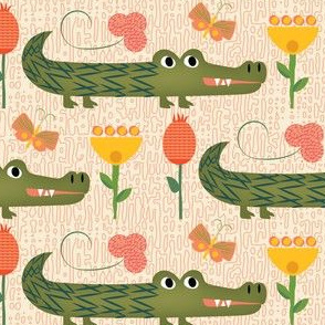 Alligator/ folk art / tulips / pink  / linen