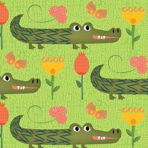 Alligator / folk art / tulips  / lime green / linen