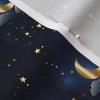 Night sky moon stars dark blue gold sparkle faux gild medium