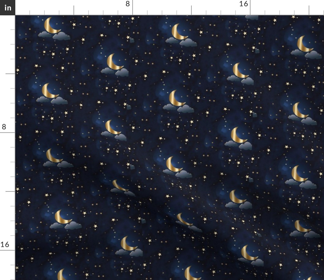 Night sky moon stars dark blue gold sparkle faux gild medium