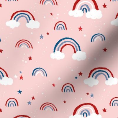 Happy fourth of July celebrations sweet american rainbows stripes and stars and clouds in traditional USA national holiday colors red blue on pink