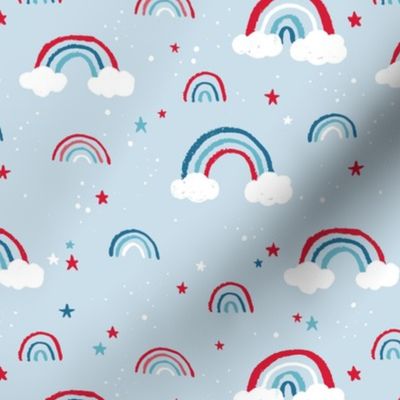 Happy fourth of July celebrations sweet american rainbows stripes and stars and clouds in traditional USA national holiday colors red blue on light blue