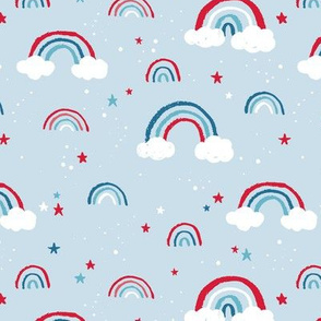 Happy fourth of July celebrations sweet american rainbows stripes and stars and clouds in traditional USA national holiday colors red blue on light blue