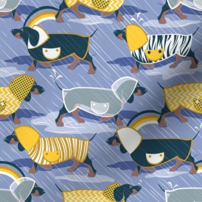 Small scale // April showers frenzy // indigo blue background navy blue dachshunds dogs with yellow and transparent rain coats