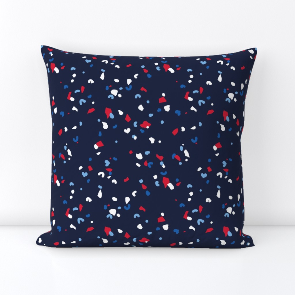 Abstract terrazzo texture abstract slots and dots fourth of july celebration confetti usa america traditional red blue on navy blue