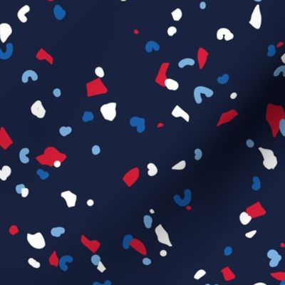 Abstract terrazzo texture abstract slots and dots fourth of july celebration confetti usa america traditional red blue on navy blue