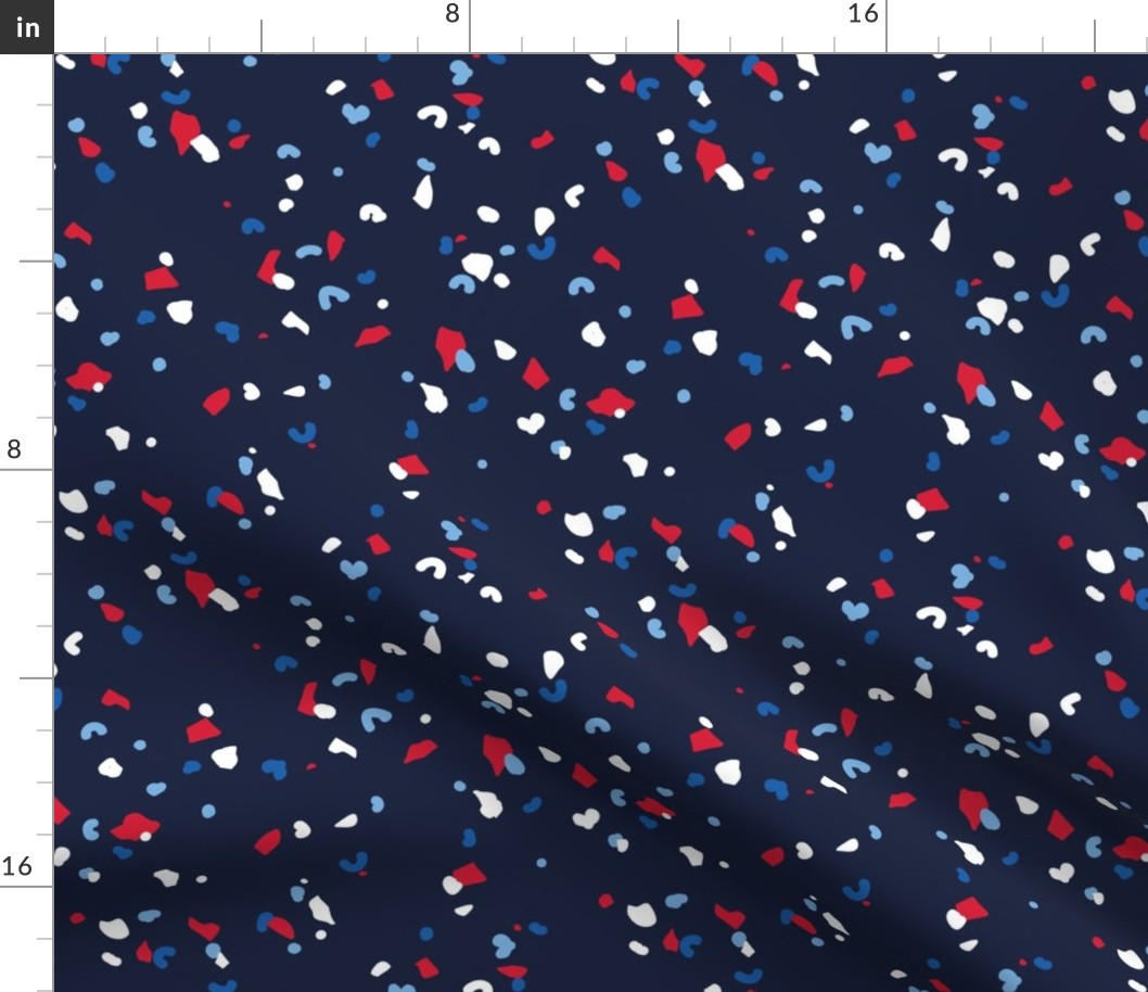 Abstract terrazzo texture abstract slots and dots fourth of july celebration confetti usa america traditional red blue on navy blue