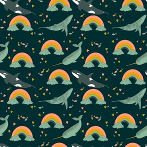 Dark Teal Rainbows With A Chance Of Whales Bright Happy Colors Cute Whimsical Narwhals Humpbacks And Orcas Cheerful Pattern For Kids Rooms And Ocean Lovers