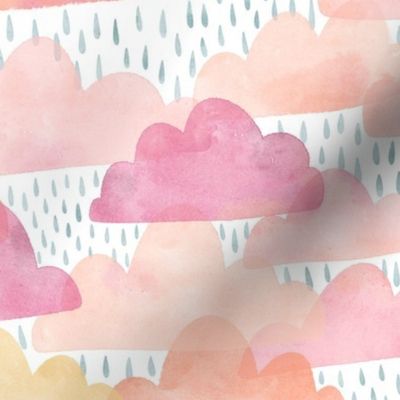 Watercolor Cotton Candy Clouds and Raindrops - medium