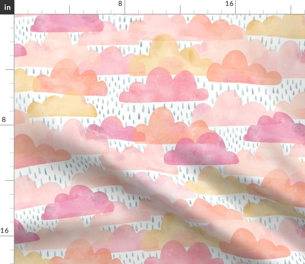 Watercolor Cotton Candy Clouds and Raindrops - medium