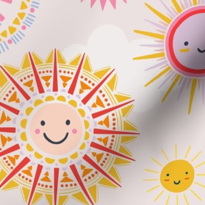 Large // Happy Sun faces and clouds on pink