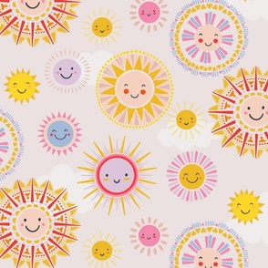 Large // Happy Sun faces and clouds on pink