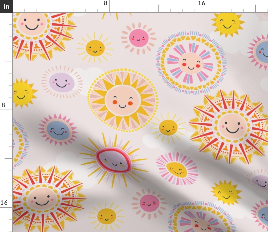 Large // Happy Sun faces and clouds on pink