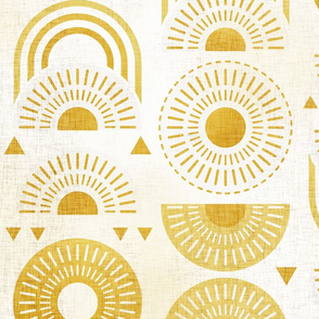 Boho Sunshine Large- Yellow on Off White Background- Bohemian Mid Century Sun- Mid Mod Sunburst- Summer- Goldenrod Yellow- Dandelion- Sunflower- Rainbow- Linen Texture- Large Scale- Home Decor- Wallpaper