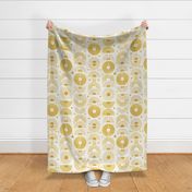 Boho Sunshine Medium- Yellow on Off White Background- Bohemian Mid Century Sun- Mid Mod Sunburst- Summer- Goldenrod Yellow- Dandelion- Sunflower- Rainbow- Linen Texture- Large Scale- Home Decor- Wallpaper