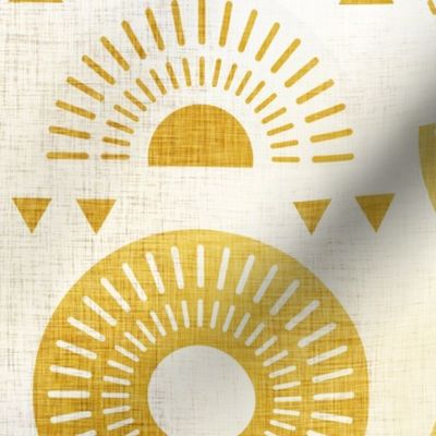 Boho Sunshine Medium- Yellow on Off White Background- Bohemian Mid Century Sun- Mid Mod Sunburst- Summer- Goldenrod Yellow- Dandelion- Sunflower- Rainbow- Linen Texture- Large Scale- Home Decor- Wallpaper