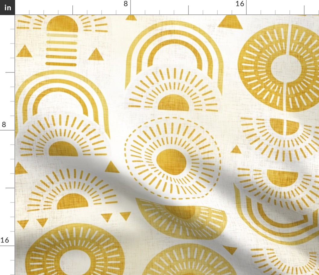 Boho Sunshine Medium- Yellow on Off White Background- Bohemian Mid Century Sun- Mid Mod Sunburst- Summer- Goldenrod Yellow- Dandelion- Sunflower- Rainbow- Linen Texture- Large Scale- Home Decor- Wallpaper