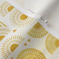 Boho Sunshine Mini- Yellow on Off White Background- Bohemian Mid Century Sun- Mid Mod Sunburst- Summer- Goldenrod Yellow- Dandelion- Sunflower- Rainbow- Linen Texture- Small Scale- Baby- Kids- Face Mask