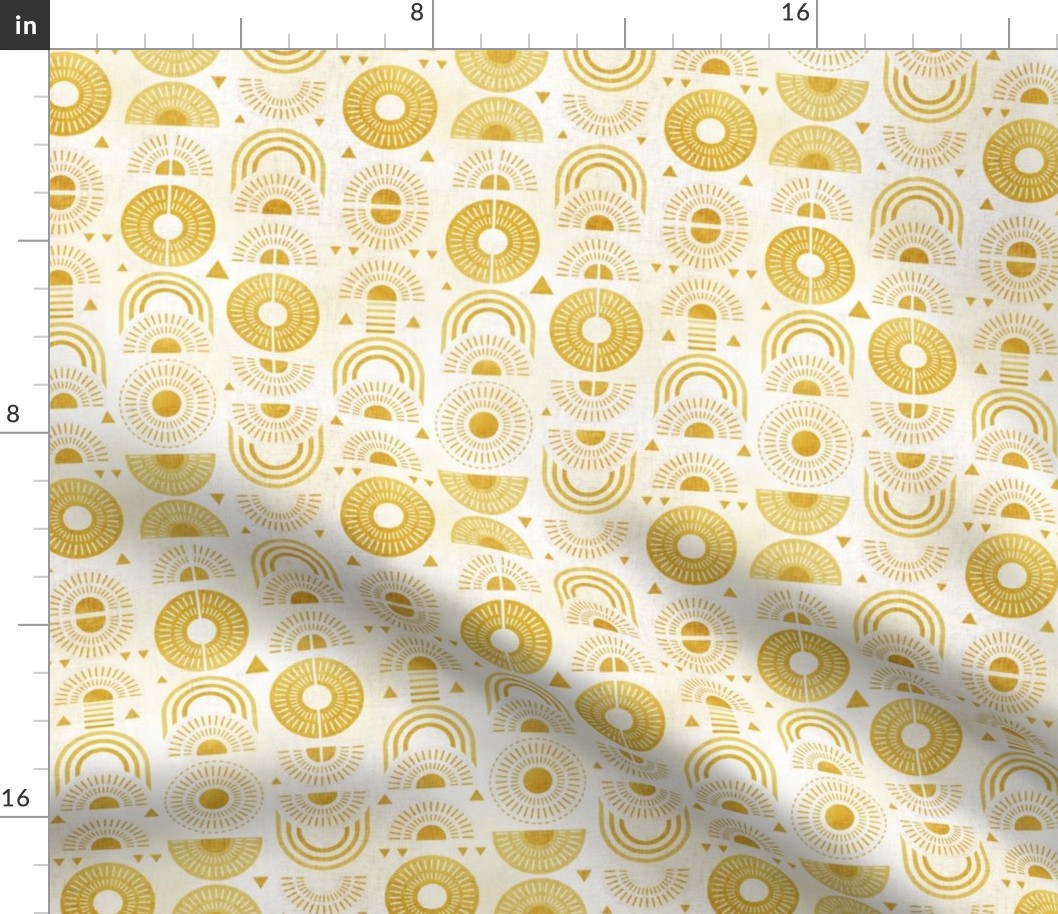 Boho Sunshine Mini- Yellow on Off White Background- Bohemian Mid Century Sun- Mid Mod Sunburst- Summer- Goldenrod Yellow- Dandelion- Sunflower- Rainbow- Linen Texture- Small Scale- Baby- Kids- Face Mask