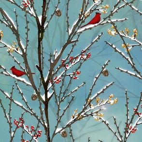 Cardinals on Dark Snowy Trees - Blue Gray mist