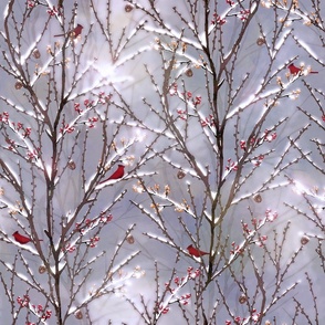 Frosty Morning - Cardinals on Snowy Branches - Gray-Lavender Mist 