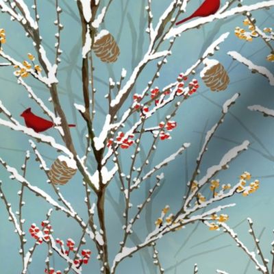 Cardinals on Snowy Trees - Muted Blue Sky