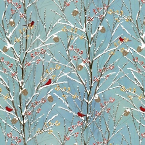 Cardinals on Snowy Trees - Muted Blue Sky