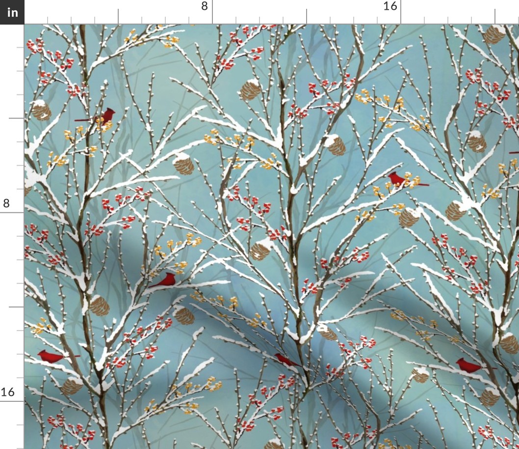 Cardinals on Snowy Trees - Muted Blue Sky