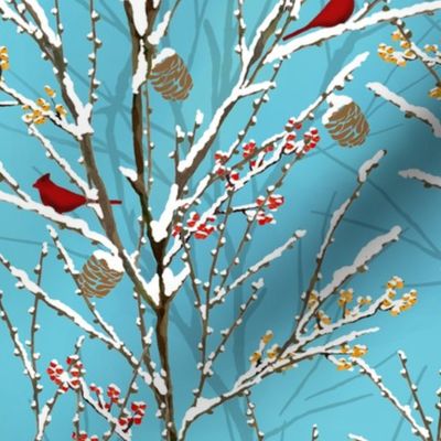 Cardinals on Snowy Trees - Aqua-Blue Sky