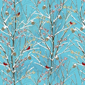 Cardinals on Snowy Trees - Aqua-Blue Sky